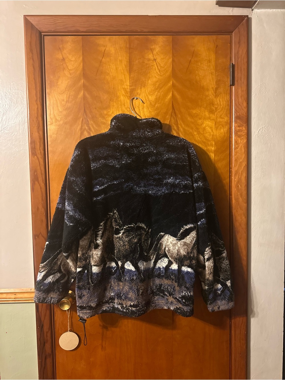 90’s VINTAGE Mazmania Black Horse-Print fleece plush jacket Unisex - Picture 4 of 16